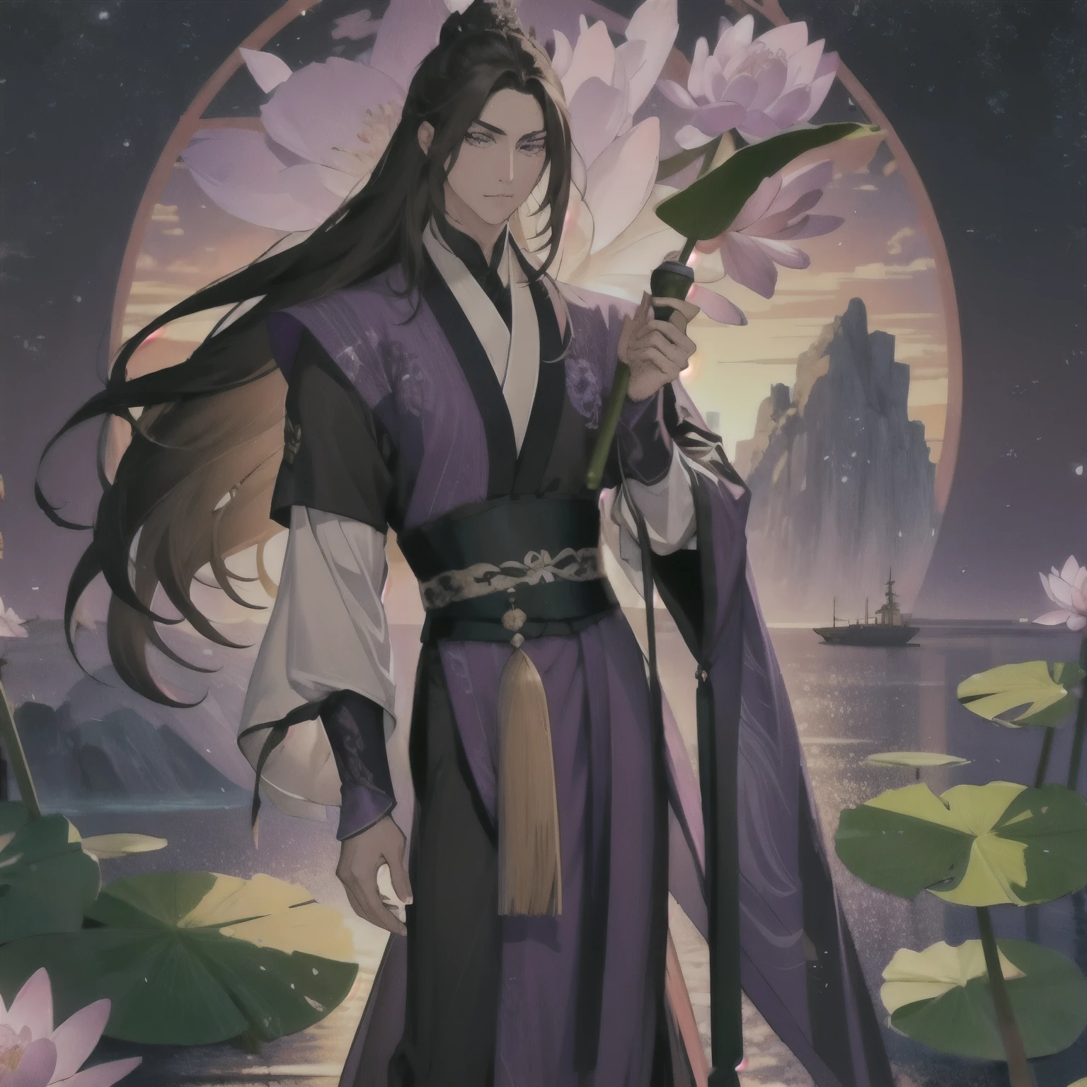 (masterpiece, best quality:1.2), 1male, solo, jiang cheng, mo dao zu shi, mdzs, purple and black clothes, purple eyes, long black hair, perfect anatomy, full body, water lily