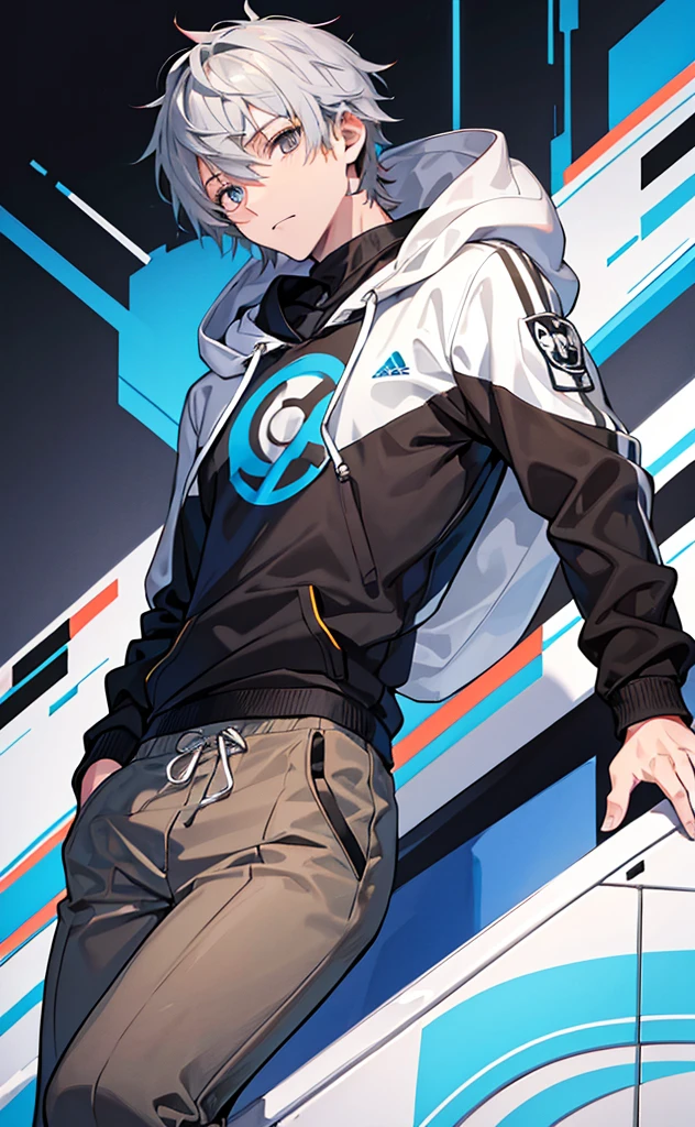 a young man with gray hair, wearing a gray hooded sweatshirt, gray eyes, and brown pants, in a futuristic, vibrant, and colorful style, detailed high-resolution portrait