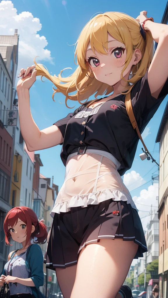 Aikatsu,blonde_hair,red_hair_The band's masterpiece,Highest quality,Super detailed,Highly detailed skin,Very delicate and beautiful,Beautiful attention to detail,1 in, Knee-high boots,tank,mini skirt,uniform, military cap,salute, palace,upright