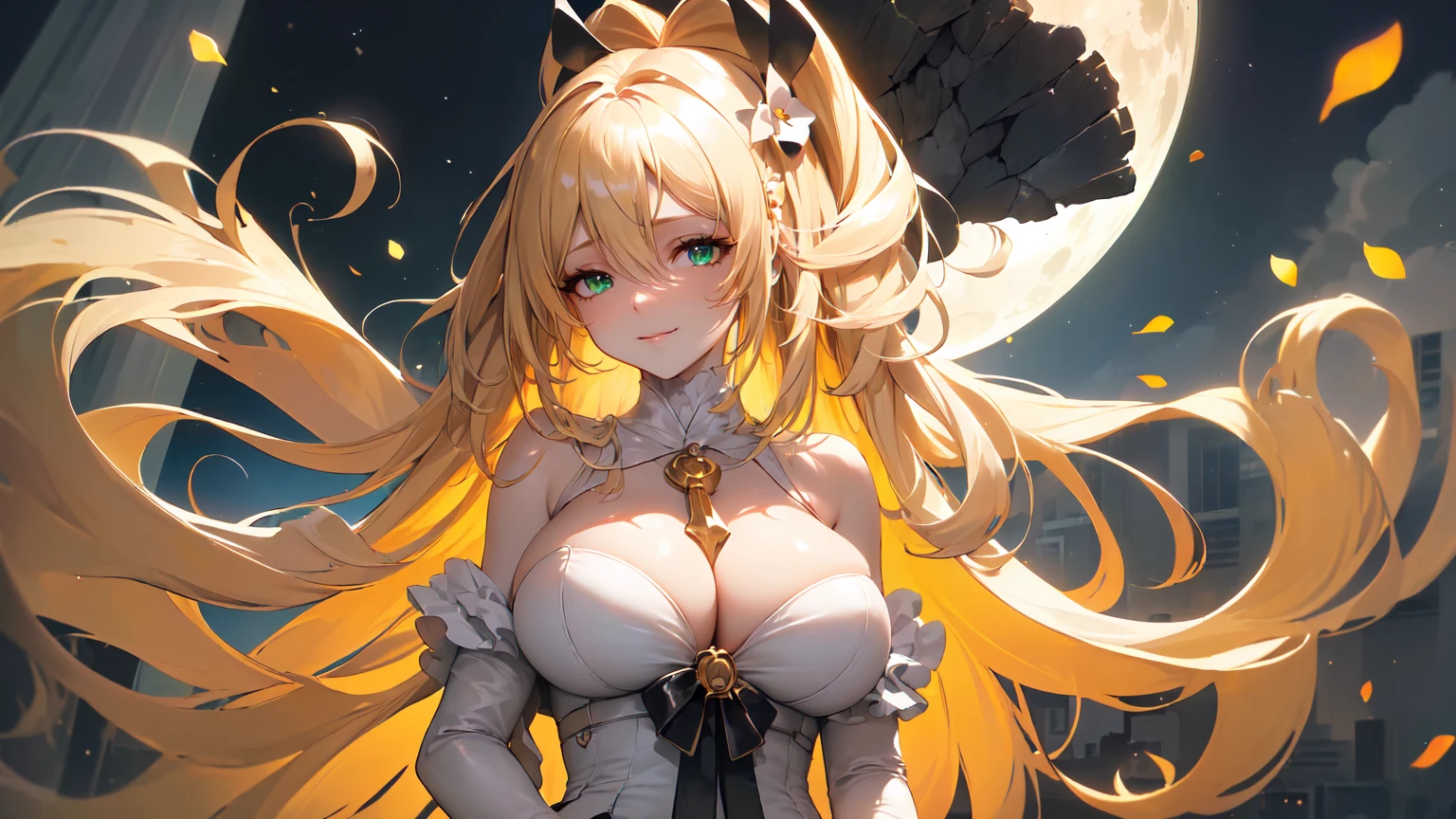 ((((Obra maestra, La mejor calidad, ultrahigh resolution)))), 1girl, standing,), ((long pure blonde hair, hair over eye)), long hair cut, shiny skin, ((green eyes)), glowing_eyes, neon eyes, (ultra detailed eyes:0.7, beautiful and detailed face, detailed eyes:0.9), ((centered)), smirk, facing viewer, ((vibrant background, dark lighting, summer, sunlight)), large chested, looking at viewer, ((half closed eyes)), ((perfect hands)), (((head:1, arms, hips in view, elbows, in view))), ((hands behind back)), empty eyes, beautiful lighting, ((outside, outdoors)), defined subject, head tilt, (((gritty)), ((creepy)), ((cool)), ((beautiful)), (((SFW))), hair ornament, petals in the air, moon in the sky, city, mature woman, adult woman, sfw, dark gold night dress, night dress, she is a princess, smiling,  fullbody, fullbody shot
