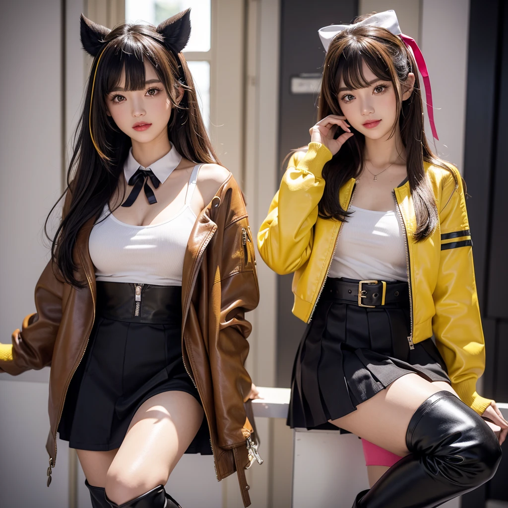 bangs down，beautiful girl，Maid clotheasterpiece，perfect face，perfect breasts，long hair，Outstanding style，stimulating，Cute outfits，Horny girl，double eyelid，Naughty Girls，Erotic and cute，mini skirt，ribbon on uniform，colorful hair color，yellow eyes，leather jacket，horny girl，Knee-high boots，
Colorful，multicoloured，future fashion，smile，，zipper bra，Multicolored clothing