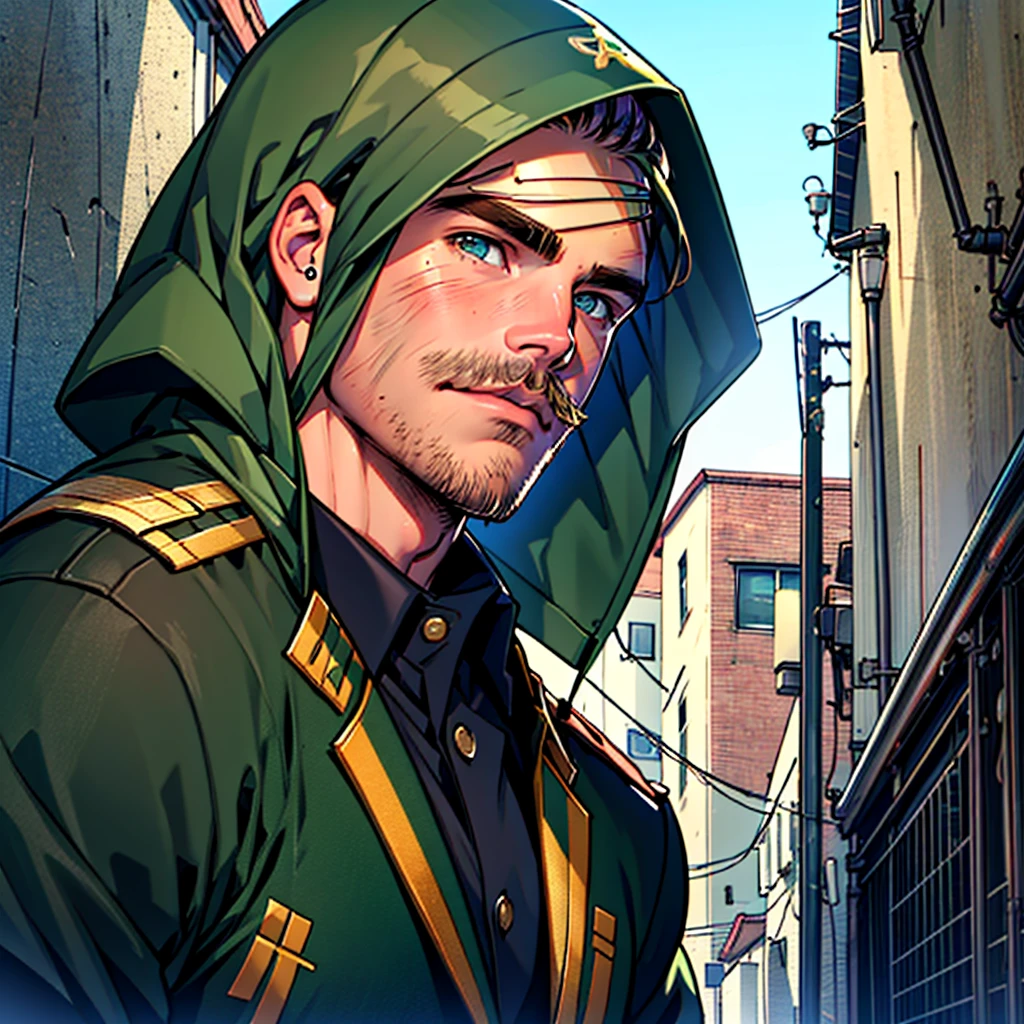 american_flag_print,(stephen-amell:1.6),dc_comIcs,portrait,bara,(masterpiece:1.4),(best quality:1.3),(high quality:1.2),(hi-res:1.2),(absurdres:1.3),extremely beautiful detailed face and eyes,1man,solo,looking at viewer,light smile,close-up,handsome,male focus,crew_cut,muscular male,,(serious),gloom_(expression),bangs,beard,stubble,mustache,manly,short hair,facial hair,formal,military,military_uniform,,military_jacket,military_coat,uniform,military camp,military_vehicle,gentle,fatherly,mature male,colorful,gentleman,