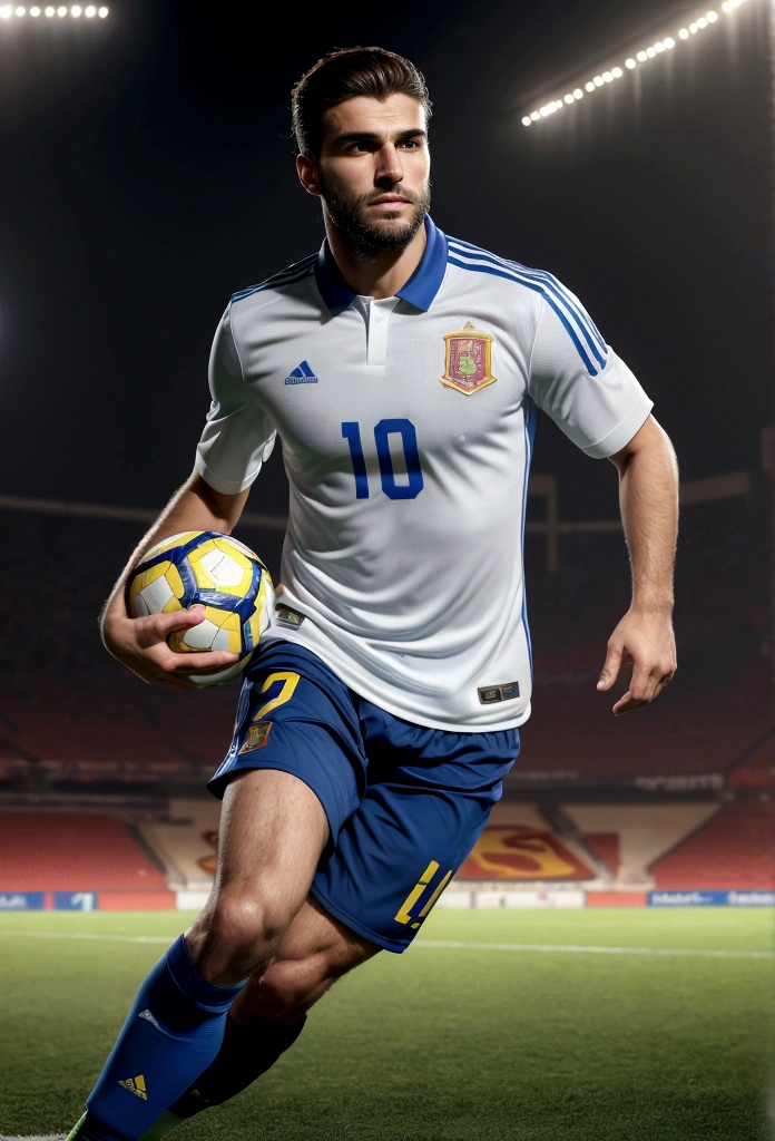 Best quality,ultra detailed ,Handsome man from Spain,Beautiful face,detailed eyes,unshaven, happy and emotional face, elegant hair, active posture in movement, runs after the ball, scores a goal, In a good condition,professional,model appearance,bright colors,studio lighting,warm colors,Half:portrait、Spain national football team jersey、30 year old man, Best quality, masterpiece, super high resolution, detailed background, Realism, 1 guy, soccer field, Muscles, volumetric lighting, depth of field, whole body, facial hair, football player, scores a goal, full length, calaebrating goal