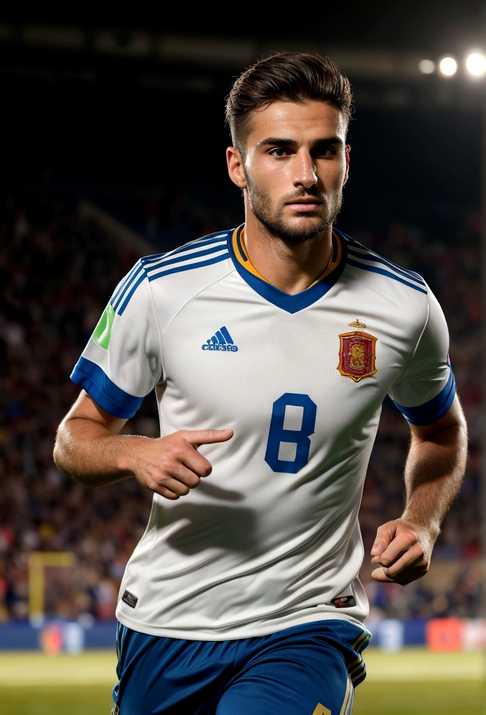 Best quality,ultra detailed ,Handsome man from Spain,Beautiful face,detailed eyes,unshaven, happy and emotional face, elegant hair, active posture in movement, runs after the ball, scores a goal, In a good condition,professional,model appearance,bright colors,studio lighting,warm colors,Half:portrait、Spain national football team jersey、30 year old man, Best quality, masterpiece, super high resolution, detailed background, Realism, 1 guy, soccer field, Muscles, volumetric lighting, depth of field, whole body, facial hair, football player, scores a goal, full length, calaebrating goal
