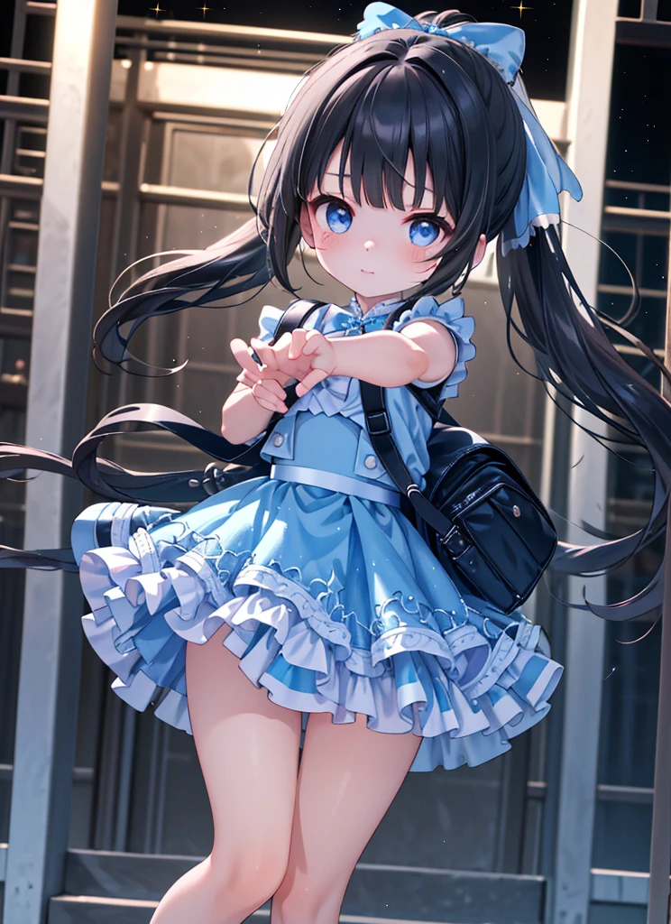 masterpiece, High resolution, Realistic, Black Hair, Asian Girl, Ponytail, Hair Ribbon,(the face of a very young child:1.4).○, A girl wearing a pink idol dress (((A sparkly blue idol dress that shows off beautiful thighs:1.2)))、(Wearing folded over, Too short mini frill skirt), (Black Hairのアジア人), Outdoor, ponytail, Are standing, Outdoor, wearing red Backpack, (Backpack:1.1) (赤いBackpack:1.2)、With bangs、Twin tails:1.2, ponytail, Are standing