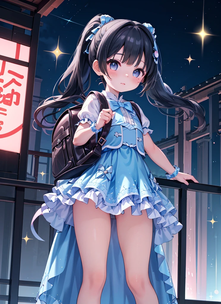 masterpiece, High resolution, Realistic, Black Hair, Asian Girl, Ponytail, Hair Ribbon,(the face of a very young child:1.4).○, A girl wearing a pink idol dress (((A sparkly blue idol dress that shows off beautiful thighs:1.2)))、(Wearing folded over, Too short mini frill skirt), (Black Hairのアジア人), Outdoor, ponytail, Are standing, Outdoor, wearing red Backpack, (Backpack:1.1) (赤いBackpack:1.2)、With bangs、Twin tails:1.2, ponytail, Are standing