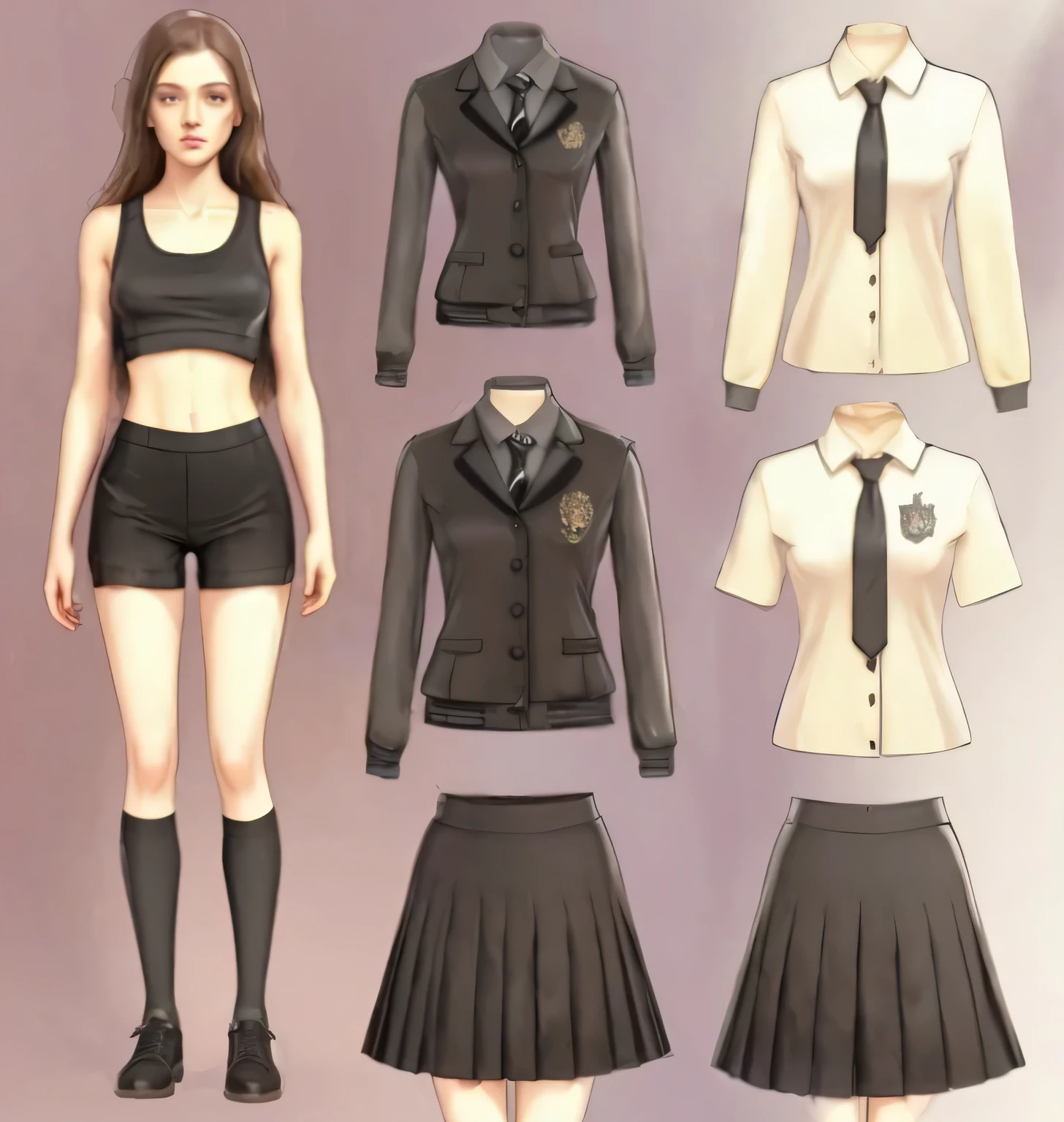 a beautiful young british school girl,1girl,black spandex shorts, piece of Hogwarts, black spandex shorts, white dress shirt, grey skirt, black school blazer, detailed face and eyes,long hair flowing,standing in a pose,cinematic lighting,highly detailed,8k,masterpiece,fantasy art