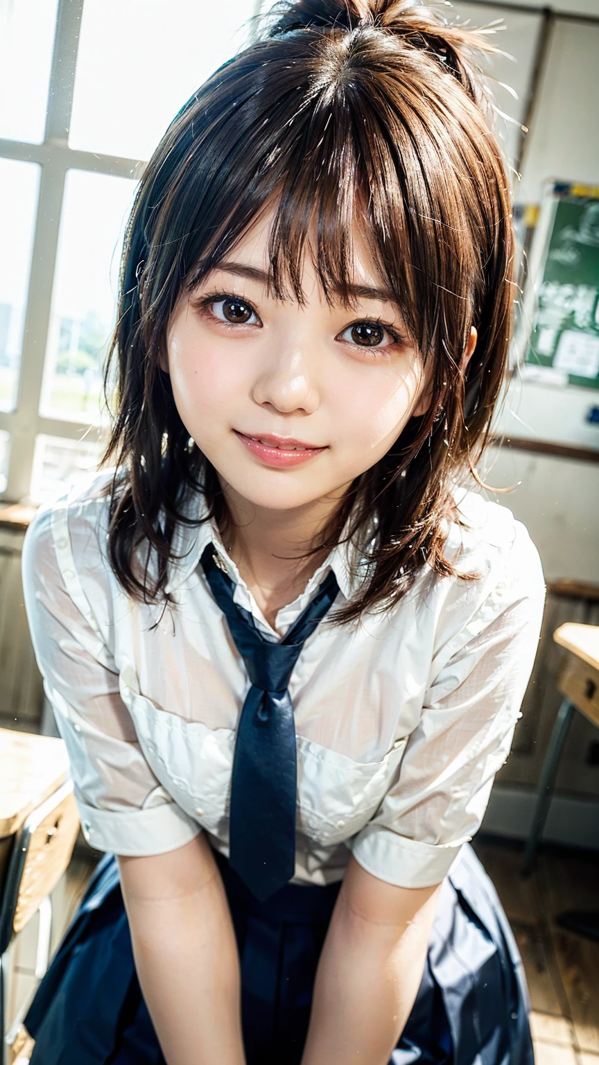 8K quality,(super masterpiece:1.3),Highest quality,Detailed Images,The real picture,Natural lighting,symmetrical beauty,1 female,Japanese,20-year-old,(微smile,smile,smile),Hairstyle(Medium Hair,Curly Hair,ponytail),(very cute:1.3),Thick eyebrows,(Double:1.2),(Realistic eyes:1.1),clothing(White shirt,tie,,uniform,skirt,tights),(The background is school,classroom),(Face directly towards the camera,Looking directly at the viewer,looking at the camera,The body faces the viewer,The body is facing the direction of the camera,Face looking straight into the camera).