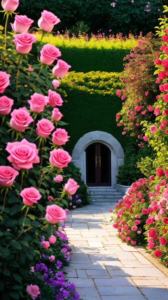 pink roses are in the foreground of a garden with a sunset in the background, beautiful aesthetic, pink golden hour, roses in cinematic light, an aesthetic field of flowers, pink sunlight, explosion of flowers, floral sunset, beautiful and aesthetic, portal made of roses, radiant morning light, rose garden, soft light 4 k in pink, beautiful flowers, rose pink lighting
