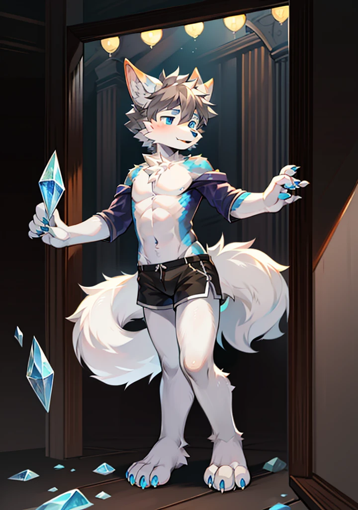 （tmasterpiece：1.2），（anatomy correct：1.1），（high qulity：1.5），（（（solo male anthropomorphic）））Furry_Transformation Wolf Flsona，1 Wolf Boy，White fur，crystal blue eyes，（Celestial nose），White claws，White feet，canine hands，（Details dog feet：1.2），Black beans，Detail beans，（（1 Wolf Boy）），[digitial painting\（artwork of a）：：：0.8]canine feet，（lines of movement：1.1），Single fluffy tail，[aquarelle（artwork of a）：0.6]，greyt hair，short detailed hair，grey shorts