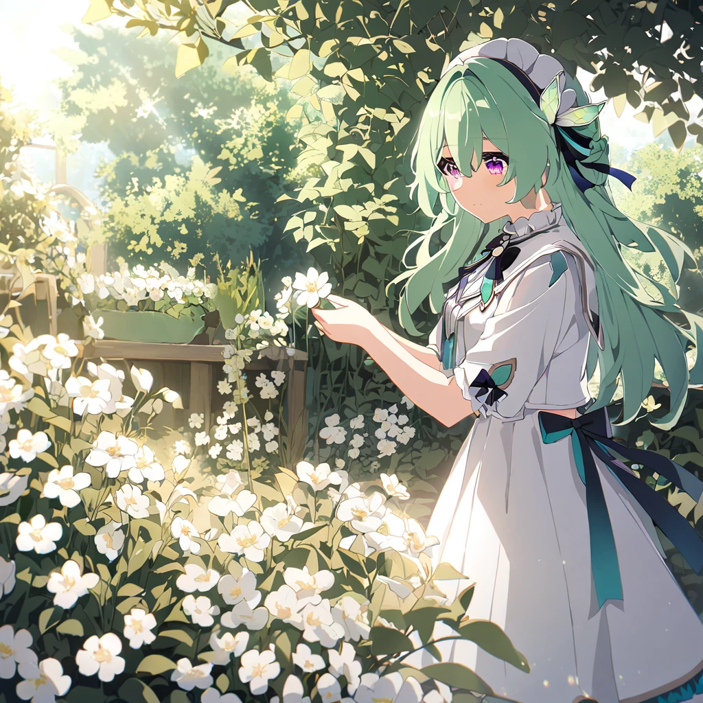 firefly \(honkai: star rail\),flower, skirt, Solitary, have, white skirt, long hair, flower束, white flower, Keep, outdoor, site, White headdress, flower site, Keep flower束, Skirt fixing, permanent, sun have, Ribbon, Keep flower, havesune miku, bow, Light green hair,Light,sunLight,