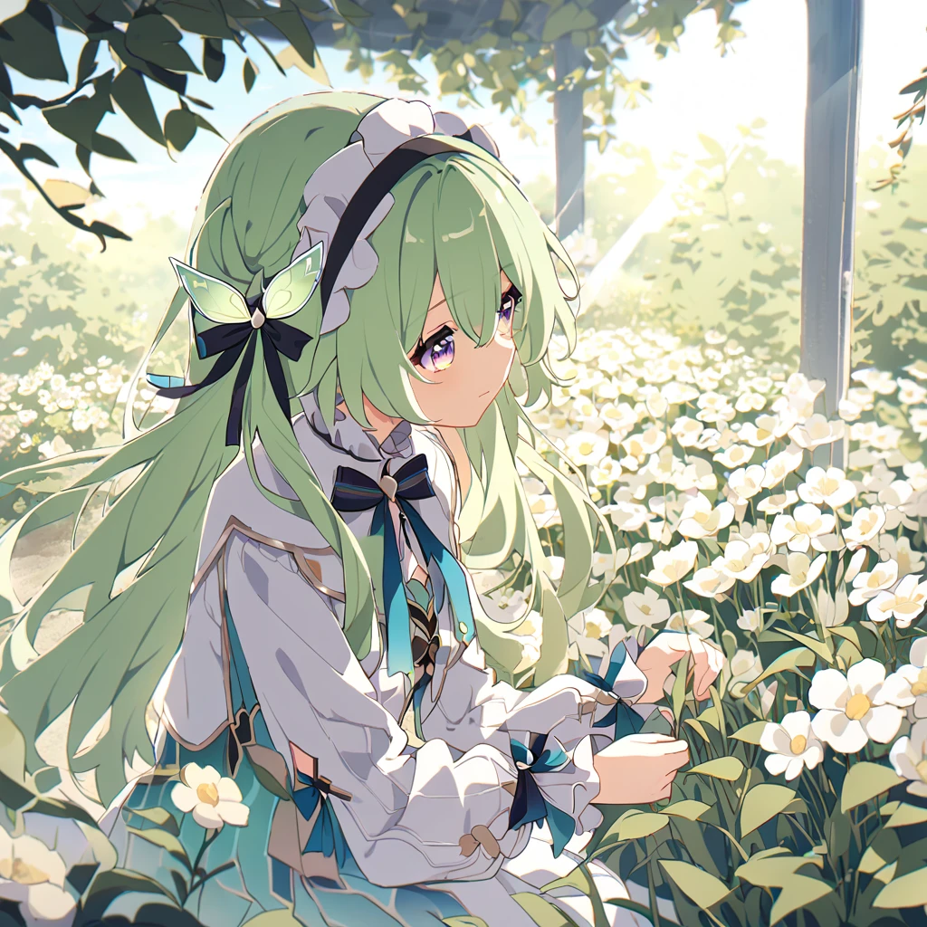 firefly \(honkai: star rail\),flower, skirt, Solitary, have, white skirt, long hair, flower束, white flower, Keep, outdoor, site, White headdress, flower site, Keep flower束, Skirt fixing, permanent, sun have, Ribbon, Keep flower, havesune miku, bow, Light green hair,Light,sunLight,