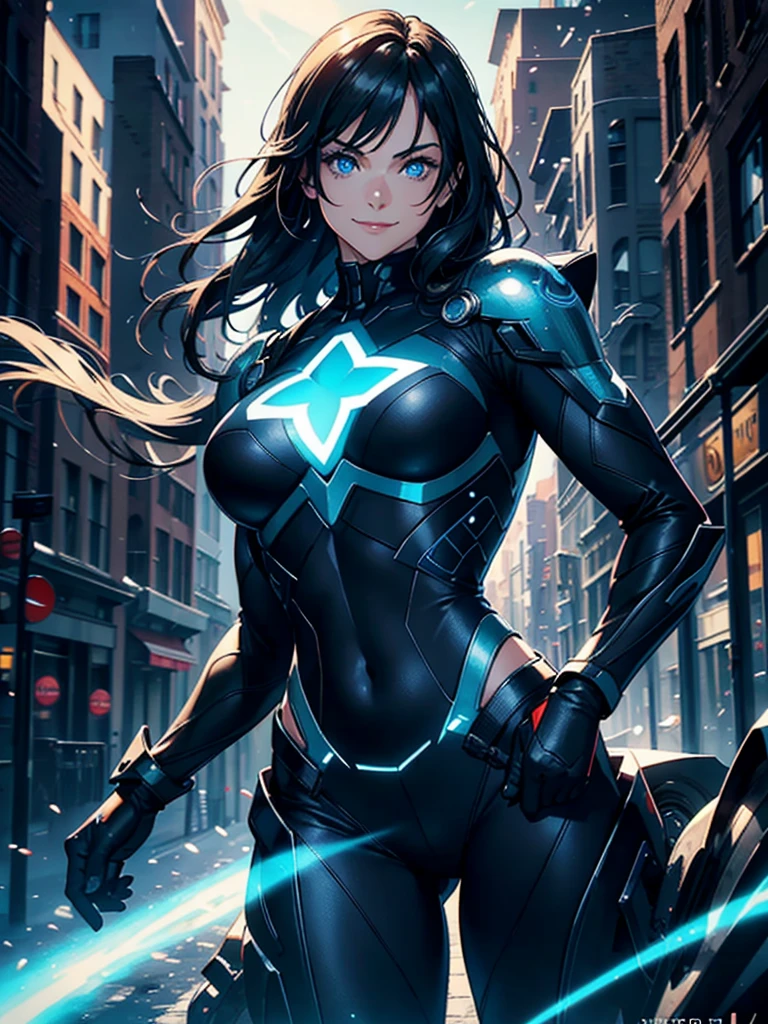 16K, HDR,UHD, RTX, ray tracing, chiaroscuro, best quality, masterpiece, ethereal, perfect illustration, digital artwork, trending on artstation, jaw-dropping perfection, ultra realistic, textured amazing lighting effects, perfect shadows, WLOP, 1girl, beautiful mature edgy woman in a cool long jacket and black pants, superhero suit, stomach covered by clothing, shoulder-length hair, shoulder-length hair, wavy hair, black hair, highly detailed glowing blue eyes, glowing eyes, blue eyes, beautiful glowy blue eyes, detailed eyes, beautiful face, perfect ???????, broad shoulders, strong upper-body, modern city, city, beautiful weather, stunning sunshine, sunny, daylight, sunlight, modern, nature, daytime, superhero, uplifting, heroic, heroic pose, smiling, smiling at camera, athletic, hands near hips, glowy eyes, daytime, black and blue superhero suit, metal shoulder-pads, summertime, radiant sunlight, beautiful cityscape, hair blowing in wind, manly shoulders, big smile, wide smile, happy eyes, joyful, smiling with teeth, very tall, wide shoulders