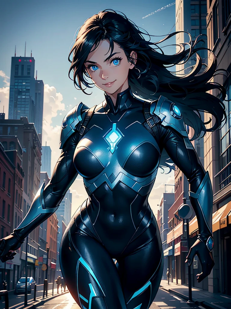 16K, HDR,UHD, RTX, ray tracing, chiaroscuro, best quality, masterpiece, ethereal, perfect illustration, digital artwork, trending on artstation, jaw-dropping perfection, ultra realistic, textured amazing lighting effects, perfect shadows, WLOP, 1girl, beautiful mature edgy woman in a cool long jacket and black pants, superhero suit, stomach covered by clothing, shoulder-length hair, shoulder-length hair, wavy hair, black hair, highly detailed glowing blue eyes, glowing eyes, blue eyes, beautiful glowy blue eyes, detailed eyes, beautiful face, perfect ???????, broad shoulders, strong upper-body, modern city, city, beautiful weather, stunning sunshine, sunny, daylight, sunlight, modern, nature, daytime, superhero, uplifting, heroic, heroic pose, smiling, smiling at camera, athletic, hands near hips, glowy eyes, daytime, black and blue superhero suit, metal shoulder-pads, summertime, radiant sunlight, beautiful cityscape, hair blowing in wind, manly shoulders, big smile, wide smile, happy eyes, joyful, smiling with teeth, very tall, wide shoulders