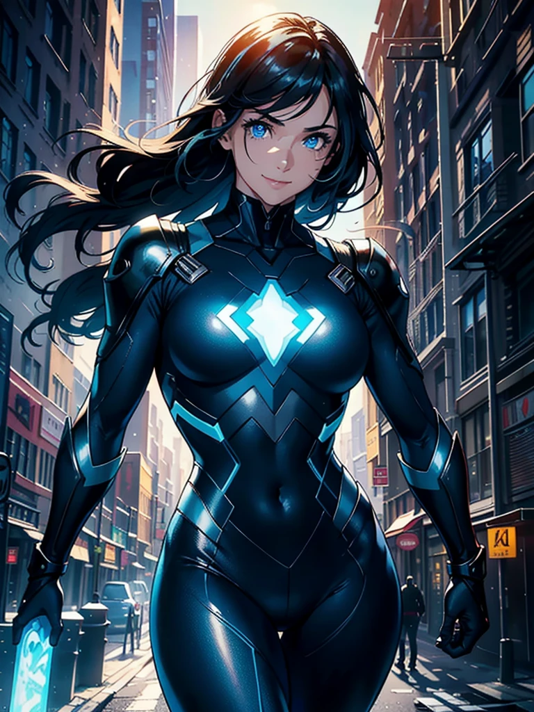 16K, HDR,UHD, RTX, ray tracing, chiaroscuro, best quality, masterpiece, ethereal, perfect illustration, digital artwork, trending on artstation, jaw-dropping perfection, ultra realistic, textured amazing lighting effects, perfect shadows, WLOP, 1girl, beautiful mature edgy woman in a cool long jacket and black pants, superhero suit, stomach covered by clothing, shoulder-length hair, shoulder-length hair, wavy hair, black hair, highly detailed glowing blue eyes, glowing eyes, blue eyes, beautiful glowy blue eyes, detailed eyes, beautiful face, perfect anatomy, broad shoulders, strong upper-body, modern city, city, beautiful weather, stunning sunshine, sunny, daylight, sunlight, modern, nature, daytime, superhero, uplifting, heroic, heroic pose, smiling, smiling at camera, athletic, hands near hips, glowy eyes, daytime, black and blue superhero suit, metal shoulder-pads, summertime, radiant sunlight, beautiful cityscape, hair blowing in wind, manly shoulders, big smile, wide smile, happy eyes, joyful, smiling with teeth, very tall, wide shoulders