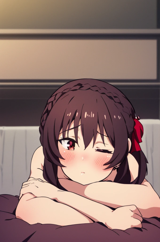 (masterpiece, Highest quality), One girl, Yunyun,Long Hair,Braiding,Twin tails,Hair between the eyes,Red hair ribbon,hair ornaments,large round breasts,、Red Eyes、Black Hair、(blush)、Young face、(Sleeping with both eyes closed:1.2)、((Yellow pajamas with bare shoulders))、(Lying in bed:1.2)