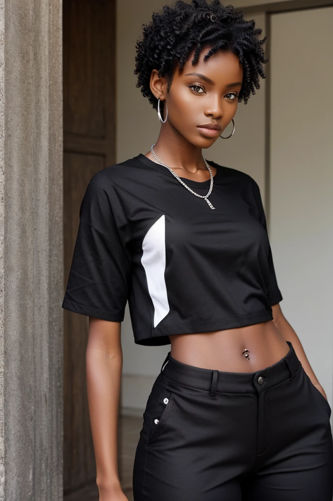 African model , thin, black clothes, college backs, silver jewellery, short curly hair,