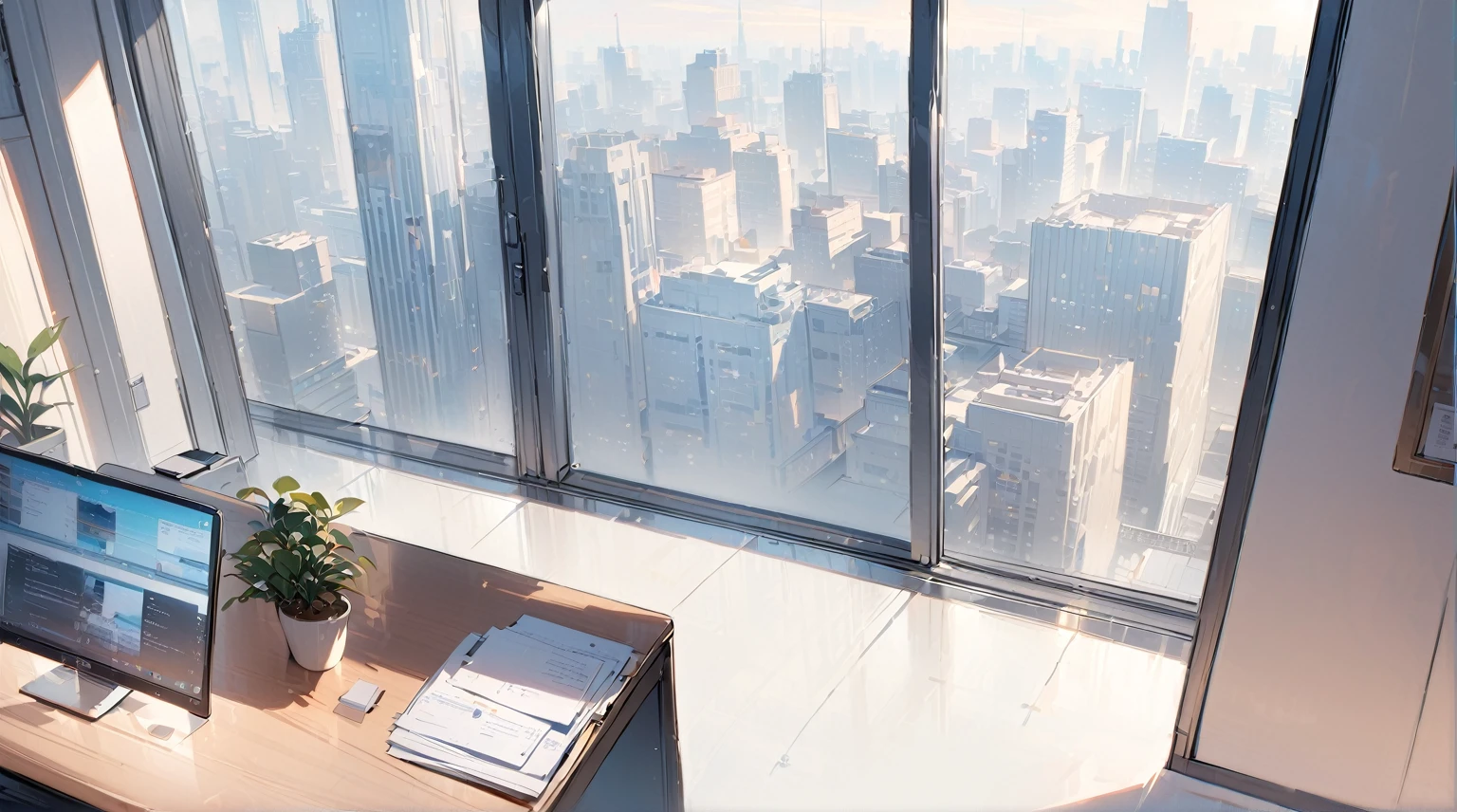 ((best quality)), ((masterpiece)), (detailed), office, president's office, floor-to-ceiling windows, top-down view scene,Potted plants,There is a computer and documents on the desk