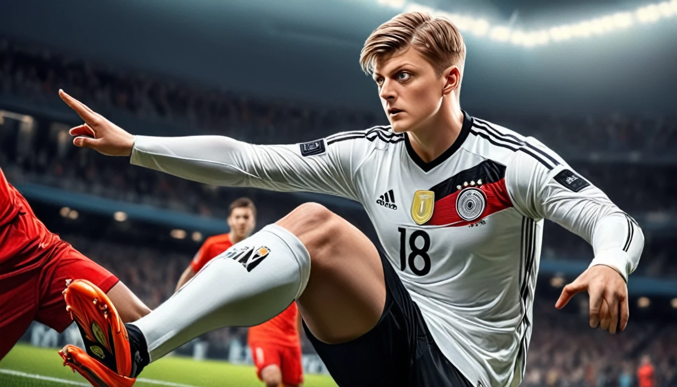 a photorealistic image of Toni Kroos, wearing jersey number 8, shooting a penalty kick into the goal, goalkeeper tries to fetch the ball, german flag on jersey, (best quality,4k,8k,highres,masterpiece:1.2),ultra-detailed,(realistic,photorealistic,photo-realistic:1.37),studio lighting,extremely detailed face and eyes,extremely detailed jersey,extremely detailed goalkeeper,extremely detailed soccer ball,dramatic lighting,dynamic pose,ultra-fine painting,sharp focus,physically-based rendering,professional,vivid colors,cinematic composition
