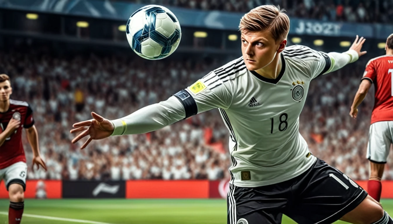 a photorealistic image of Toni Kroos, wearing jersey number 8, shooting a penalty kick into the goal, goalkeeper tries to fetch the ball, german flag on jersey, (best quality,4k,8k,highres,masterpiece:1.2),ultra-detailed,(realistic,photorealistic,photo-realistic:1.37),studio lighting,extremely detailed face and eyes,extremely detailed jersey,extremely detailed goalkeeper,extremely detailed soccer ball,dramatic lighting,dynamic pose,ultra-fine painting,sharp focus,physically-based rendering,professional,vivid colors,cinematic composition