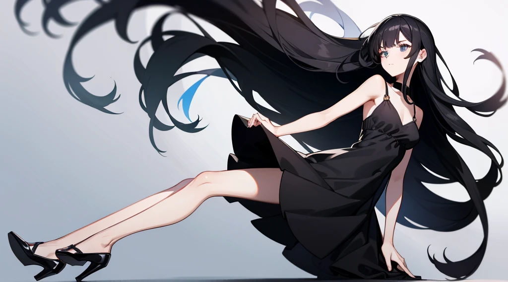 girl straight hair long black hair black dress black heels