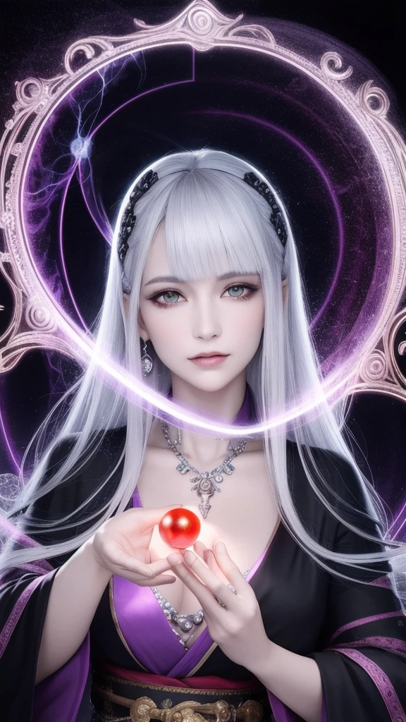 (masterpiece, top quality, 1 female, solo, exquisite details, chromatic aberration), (realistic), (skin), ((breathing)), (silver hair, blunt bangs, short straight long hair, short bangs, silver hair), beautiful hair, red headdress, blue highlights, hair over one eye, pretty eyes, purple eyes, thick lips, earrings, piercing eyes, ((gold and white kimono)), ((symmetrical eyes)), ((perfectly symmetrical body)), ((perfectly symmetrical hands)), (purerosface_v1:0.3), night, ((self, natural light))), bright lighting, flowers blooming in the background, in front of the viewer, ((central shot, from the front, (face and shoulders))), mysterious atmosphere, flowers blooming around, light colored background, fortune teller in kimono, beautiful fortune teller, fortune teller, fantasy female fortune teller, female fortune teller, f Fantasy photography, magician, witch fairy tale, Japanese style, elegant cinematic fantasy art, fantasy woman, sorceress portrait, casting spells, fortune teller, powerful wizard stands among mystical colorful flowers, fluttering robes adorned with symbols, holding a glowing heart crystal ball, eyes glowing with mystical energy, spells leaking from his mouth, vivid swirling patterns of black magic pulsating with iridescent hues appear in the air, magic permeates, flowers bloom, sacred creatures gaze in awe, threads of magical energy dance, revealing hidden realms, unravelling secrets, capturing the essence of this enchanting moment and bringing to life the mystical power of witchcraft on a canvas of the highest quality and finest detail. Top Quality, Masterpiece, Ultra High Resolution, (Photorealistic: 1.4), RAW Photo, Sharp Focus, High Resolution, Detailed Skin.