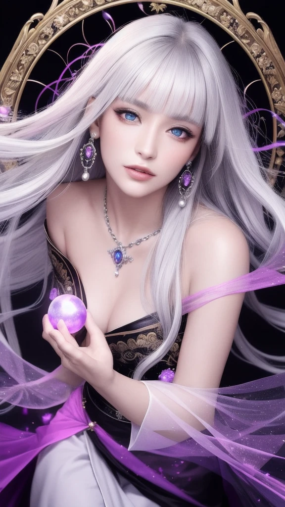 (masterpiece, top quality, 1 female, solo, exquisite details, chromatic aberration), (realistic), (skin), ((breathing)), (silver hair, blunt bangs, short straight long hair, short bangs, silver hair), beautiful hair, red headdress, blue highlights, hair over one eye, pretty eyes, purple eyes, thick lips, earrings, piercing eyes, ((gold and white kimono)), ((symmetrical eyes)), ((perfectly symmetrical body)), ((perfectly symmetrical hands)), (purerosface_v1:0.3), night, ((self, natural light))), bright lighting, flowers blooming in the background, in front of the viewer, ((central shot, from the front, (face and shoulders))), mysterious atmosphere, flowers blooming around, light colored background, fortune teller in kimono, beautiful fortune teller, fortune teller, fantasy female fortune teller, female fortune teller, f Fantasy photography, magician, witch fairy tale, Japanese style, elegant cinematic fantasy art, fantasy woman, sorceress portrait, casting spells, fortune teller, powerful wizard stands among mystical colorful flowers, fluttering robes adorned with symbols, holding a glowing heart crystal ball, eyes glowing with mystical energy, spells leaking from his mouth, vivid swirling patterns of black magic pulsating with iridescent hues appear in the air, magic permeates, flowers bloom, sacred creatures gaze in awe, threads of magical energy dance, revealing hidden realms, unravelling secrets, capturing the essence of this enchanting moment and bringing to life the mystical power of witchcraft on a canvas of the highest quality and finest detail. Top Quality, Masterpiece, Ultra High Resolution, (Photorealistic: 1.4), RAW Photo, Sharp Focus, High Resolution, Detailed Skin.
