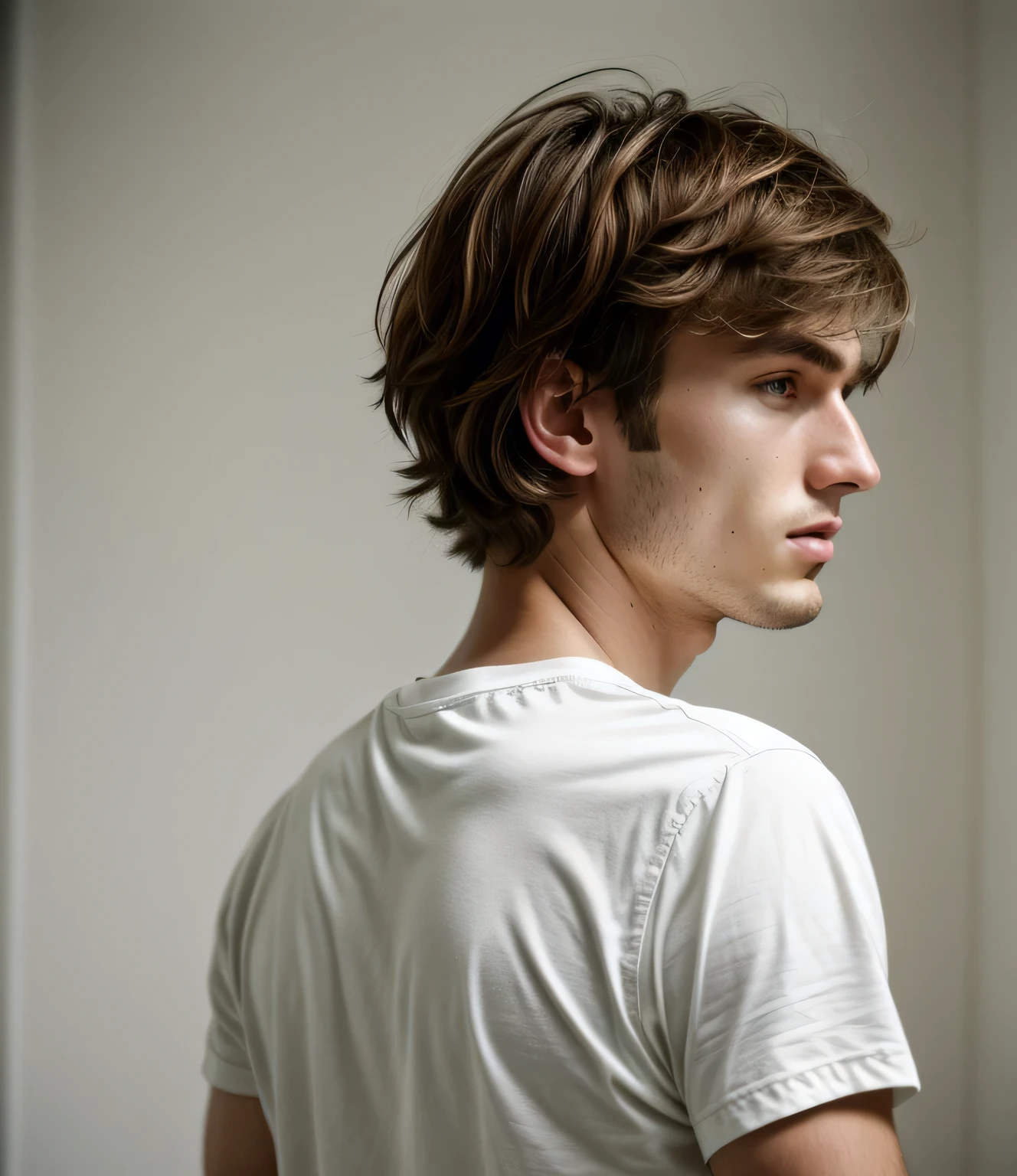 ultra-high-resolution 8K, best quality, (photo realistic:1.4), fashion model, man, 22years old, caucasian, fair skin with detailed and realistic skin texture, ((short hair, brown hair, center part hairstyle)), closed mouth, wearing white no-sleeve top, exuding the vibe of a fashion model with a neutral, serious expression, facing viewer, from behind, (upper body), detailed hair, epiC35mm