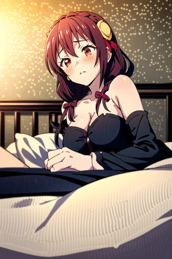 (masterpiece, Highest quality), One girl,    Yunyun,Long Hair,Braiding,Twin tails,Hair between the eyes,Red hair ribbon,hair ornaments,large round breasts,、Red Eyes、Black Hair、(blush)、Young face、(Sleeping with both eyes closed:1.2)、((Yellow pajamas with bare shoulders))、(Lying in bed:1.2)