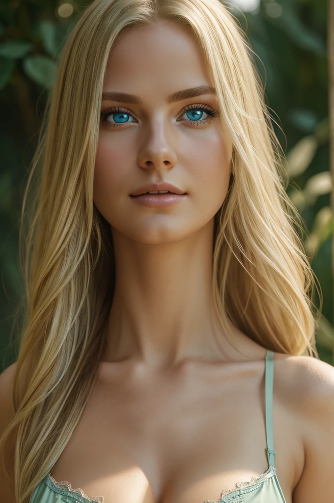 portrait, Practical, blue eyes, Blonde hair, nude, 4K resolution, High quality CG, Beautiful CG, Soft Light,Green  bra