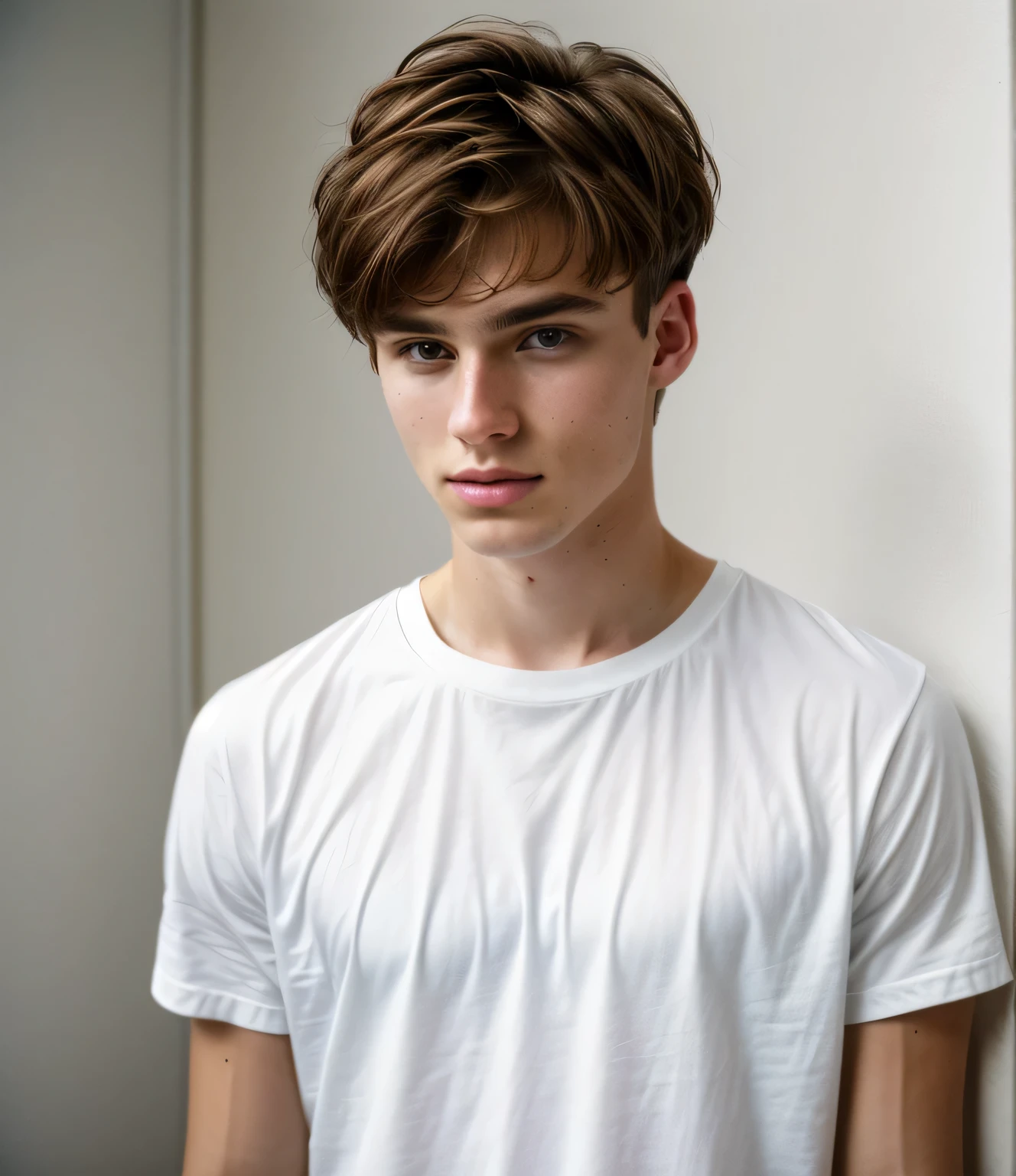 ultra-high-resolution 8K, best quality, (photo realistic:1.4), fashion model, man, 22years old, caucasian, fair skin with detailed and realistic skin texture, ((short hair, brown hair, center part hairstyle)), closed mouth, wearing white no-sleeve top, exuding the vibe of a fashion model with a neutral, serious expression, from back, (upper body), detailed hair, epiC35mm