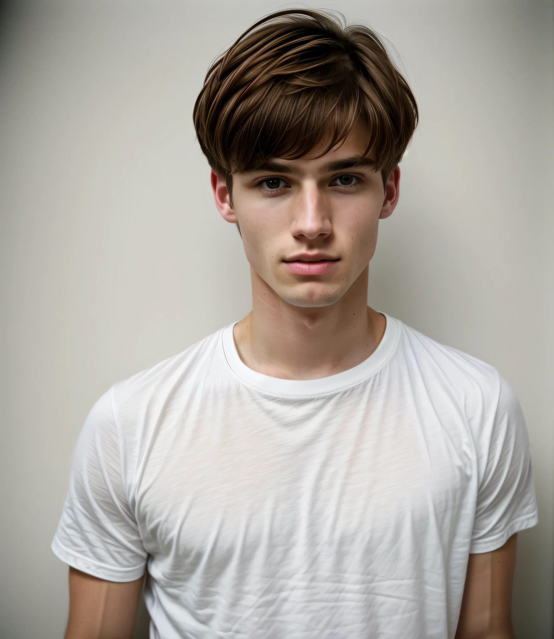ultra-high-resolution 8K, best quality, (photo realistic:1.4), fashion model, man, 22years old, caucasian, fair skin with detailed and realistic skin texture, ((short hair, brown hair, center part hairstyle)), closed mouth, wearing white no-sleeve top, exuding the vibe of a fashion model with a neutral, serious expression, from back, (upper body), detailed hair, epiC35mm