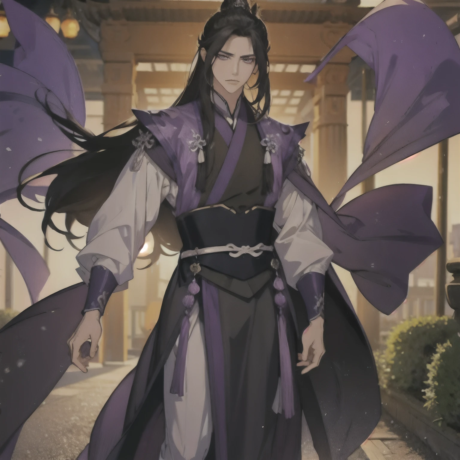 (masterpiece, best quality:1.2), 1male, solo, jiang cheng, mo dao zu shi, mdzs, purple and black clothes, purple eyes, long black hair, perfect anatomy, full body, fight