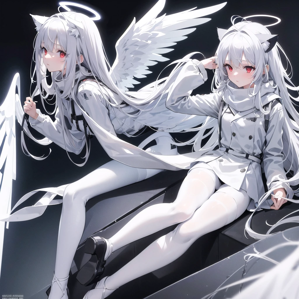 masterpiece, highest quality, highest resolution, clear_image, detailed details, White hair, long hair, cat ears, 1 girl, red eyes, white pantyhose, sci-fi military clothing, white scarf (with a light blue glow), gray futuristic halo (gray halo over the head), white wings (for wings), cute, no water marks