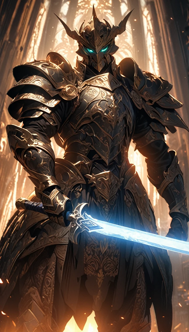 Rich details，warrior，Strong body，Heavy and gorgeous armor，Complex patterns，Holding a two-handed magic sword，Glow Effect，8K，very good，high quality，masterpiece，Movie Lighting，Viewing angle