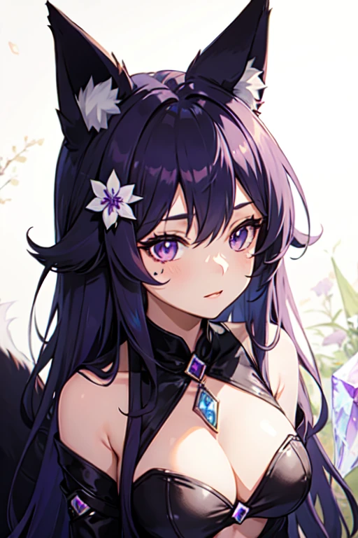 young girl with long light purple hair, purple eyes, fox ears, two crystallized foxtails, and three crystal flower marks on the forehead