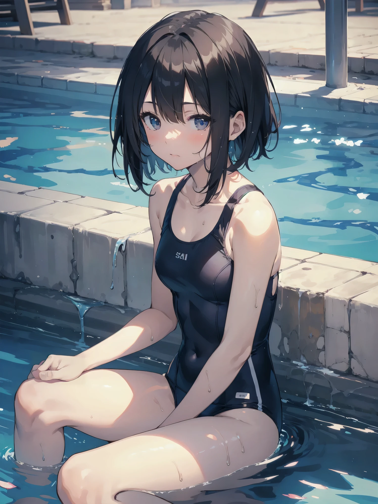 ultra-Top-quality by art God, ultra-detailed, high resolution, shinkai makoto style, anime moe artstyle, best anime 8k konachan wallpaper, pixiv contest winner, perfect anatomy, break,(Please draw a picture of a girl in a swimsuit sitting sleepily on a bench by the poolside alone.),break, a hyperrealistic school girl, (Solo,lolita, ???, 13-year-old:1.3),Full limbs, complete fingers, androgynous charm, (very short hair), wet hair, small breasts,slender body, Small butt, groin, Small black eyes,hanme,beautiful detailed eyes, well-proportioned iris and pupils, sleepy eyes, highres detailed hair, swimsuit, wet swimsuit, bare shoulders, thighs, in the school pool. break,super detailed skin, shiny skin, Best lighting powered by famous artist, 8k, illustration,UHD, textured skin,break,((artist:saiguchi_otoufu )), artist:clamp ,artist:carnelian ,artist:kantoku ,