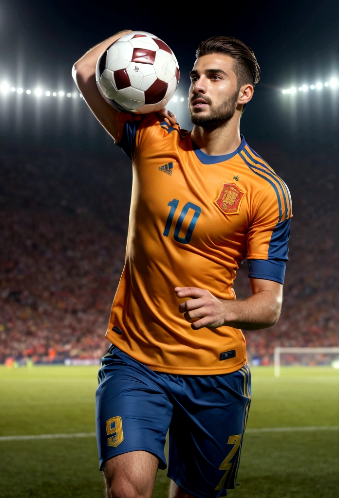 Best quality,ultra detailed ,Handsome man from Spain,Beautiful face, happy and emotional facial expression, elegant hair, active posture in motion, runs after the ball, scores a goal, In a good condition,professional,,bright colors,studio lighting,warm colors,full length、Spain national football team jersey、30 year old man, Best quality, masterpiece, super high resolution, detailed background, Realism, 1 guy, soccer field, Muscles, volumetric lighting, depth of field, whole body, facial hair, football player, scores a goal, full length, calaebrating goal