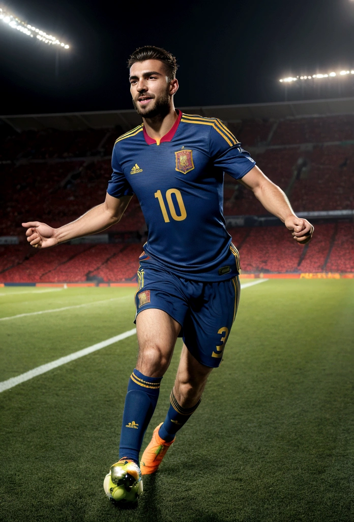 Best quality,ultra detailed ,Handsome man from Spain,Beautiful face, happy and emotional facial expression, elegant hair, active posture in motion, runs after the ball, scores a goal, In a good condition,professional,,bright colors,studio lighting,warm colors,full length、Spain national football team jersey、30 year old man, Best quality, masterpiece, super high resolution, detailed background, Realism, 1 guy, soccer field, Muscles, volumetric lighting, depth of field, whole body, facial hair, football player, scores a goal, full length, calaebrating goal