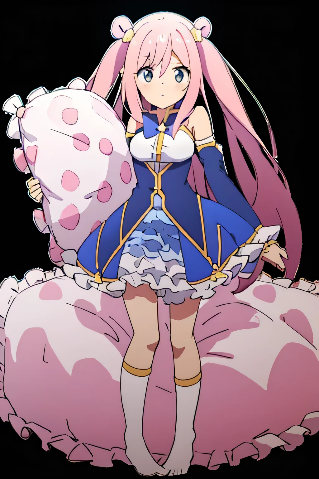 (best quality, masterpiece) , a girl standing on the top of a pillow, details, full body, (Light and shadow oxtail) , Cute girl posing on pillow ,big pillow, Pillow, standing, standing on a pillow, long hair, frilled pillow , ((pink pillow)) standing on a soft object, pillow on the floor, standing pose on pillow, on pillow, pillow damage, feet on pillow, stepping pillow, stepping on the top of a pillow, stomping on a pillow, feathers came out from pillow, hatsune (princess connect)