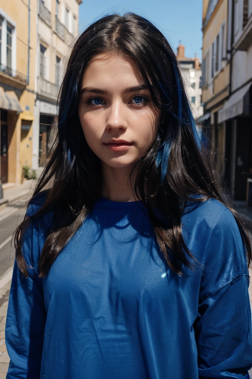 A beautiful 22 year old European girl has blue corneas and hair flowing down the front wearing blue clothes, 3D animated clear face