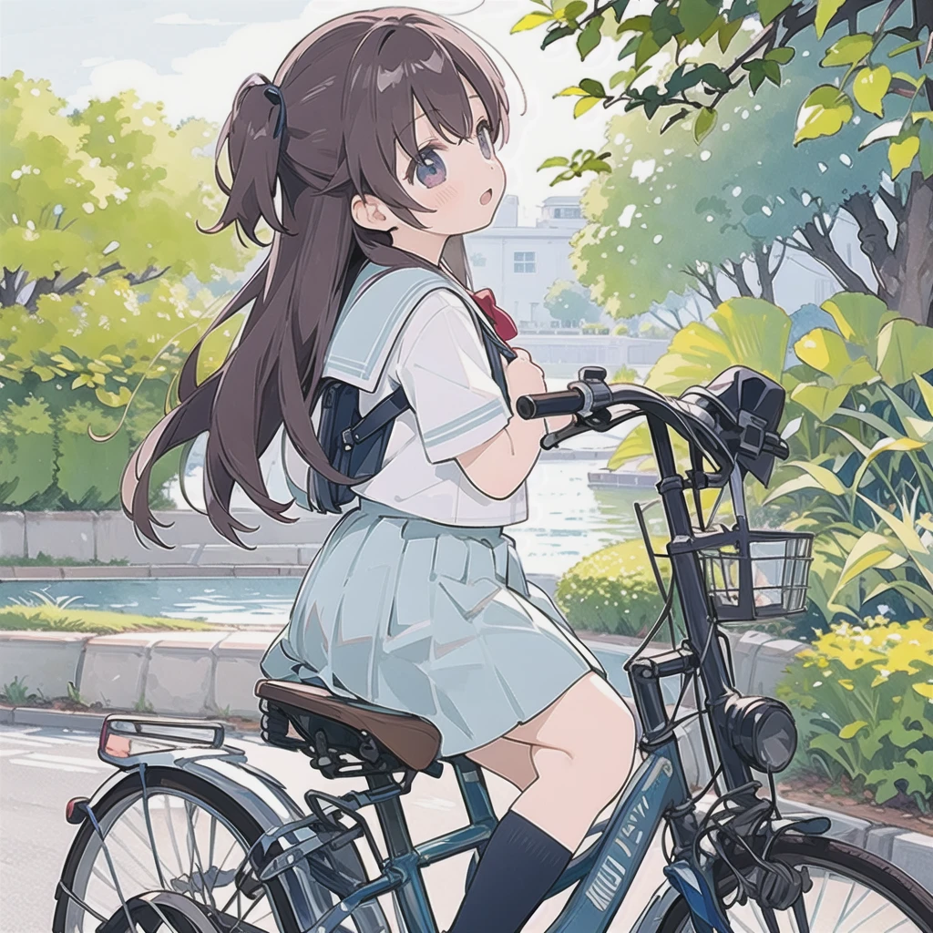 (masterpiece, Highest quality:1.2), reality、Girl on a bicycle, alone、Junior high school girl,uniform、Fluttering skirt,From the side、Riverside at dusk、Watercolor style、