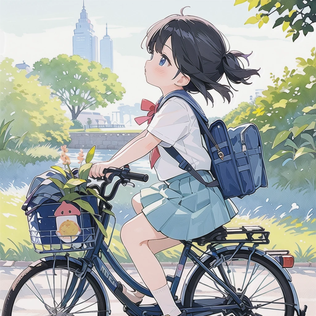 (masterpiece, Highest quality:1.2), reality、Girl on a bicycle, alone、Junior high school girl,uniform、Fluttering skirt,From the side、Riverside at dusk、Watercolor style、