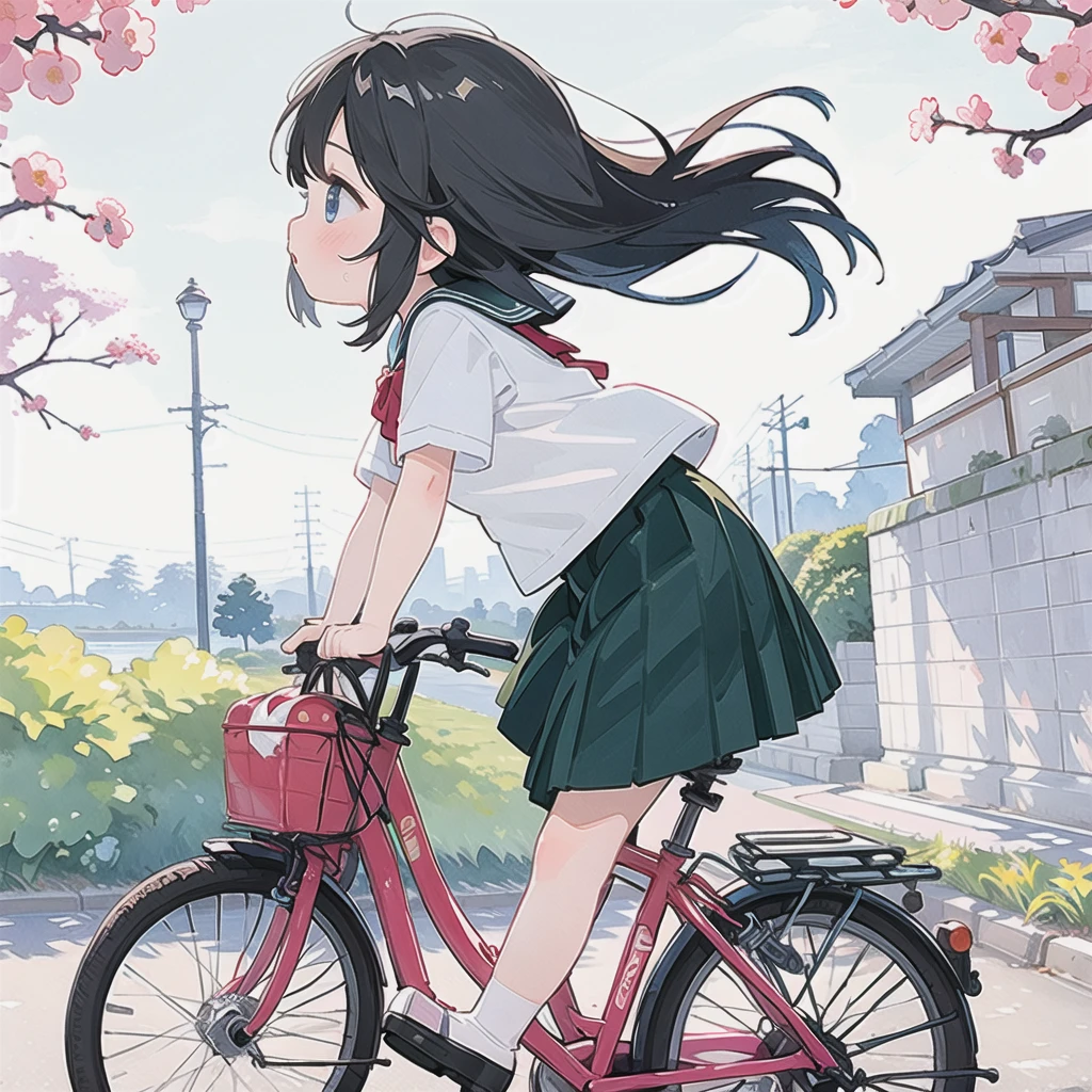 (masterpiece, Highest quality:1.2), reality、Girl on a bicycle, alone、Junior high school girl，uniform、Fluttering skirt，From the side、Riverside at dusk、Watercolor style、