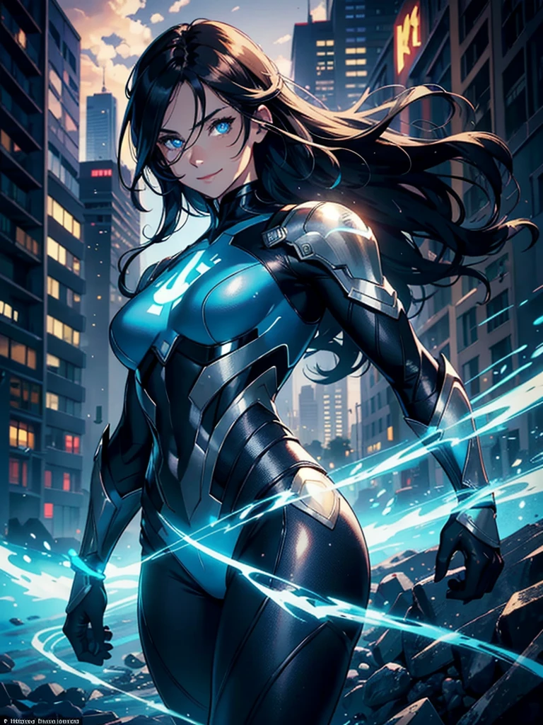 16K, HDR,UHD, RTX, ray tracing, chiaroscuro, best quality, masterpiece, ethereal, perfect illustration, digital artwork, trending on artstation, jaw-dropping perfection, ultra realistic, textured amazing lighting effects, perfect shadows, WLOP, 1girl, beautiful mature edgy woman in a cool long jacket and black pants, superhero suit, stomach covered by clothing, shoulder-length hair, shoulder-length hair, wavy hair, black hair, highly detailed glowing blue eyes, glowing eyes, blue eyes, beautiful glowy blue eyes, detailed eyes, beautiful face, perfect anatomy, broad shoulders, strong upper-body, modern city, city, beautiful weather, stunning sunshine, sunny, daylight, sunlight, modern, nature, daytime, superhero, uplifting, heroic, heroic pose, smiling, smiling at camera, athletic, hands near hips, glowy eyes, daytime, black and blue superhero suit, metal shoulder-pads, summertime, radiant sunlight, beautiful cityscape, hair blowing in wind, manly shoulders, big smile, wide smile, happy eyes, joyful, smiling with teeth, very tall, wide shoulders