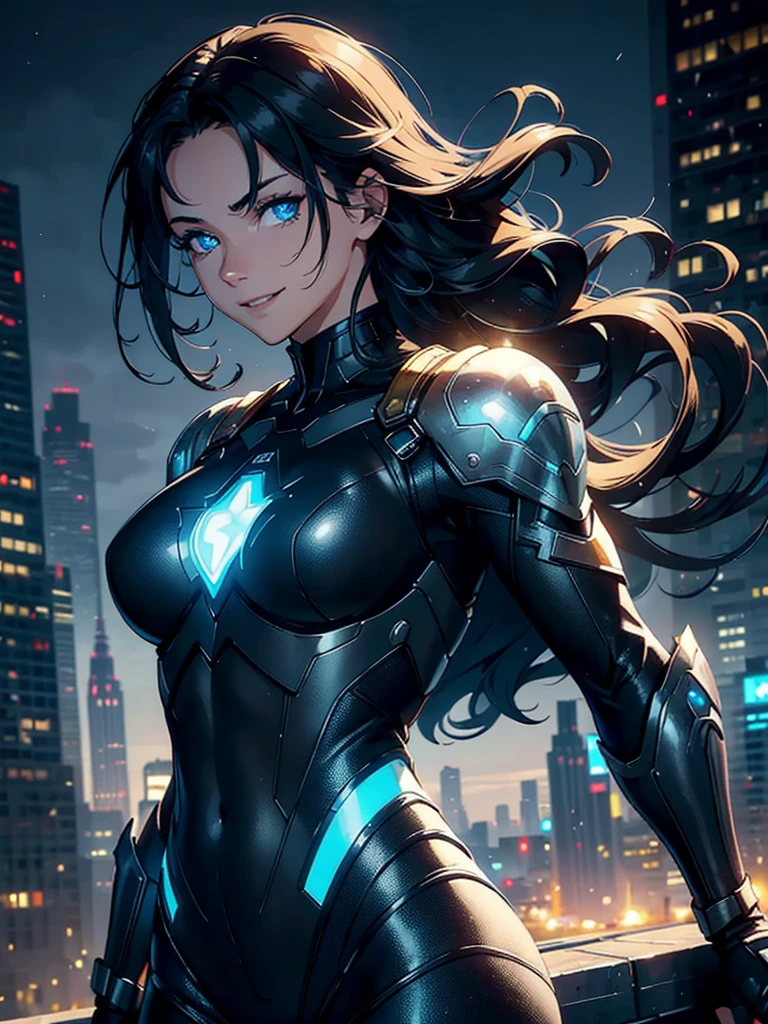 16K, HDR,UHD, RTX, ray tracing, chiaroscuro, best quality, masterpiece, ethereal, perfect illustration, digital artwork, trending on artstation, jaw-dropping perfection, ultra realistic, textured amazing lighting effects, perfect shadows, WLOP, 1girl, beautiful mature edgy woman in a cool long jacket and black pants, superhero suit, stomach covered by clothing, shoulder-length hair, shoulder-length hair, wavy hair, black hair, highly detailed glowing blue eyes, glowing eyes, blue eyes, beautiful glowy blue eyes, detailed eyes, beautiful face, perfect anatomy, broad shoulders, strong upper-body, modern city, city, beautiful weather, stunning sunshine, sunny, daylight, sunlight, modern, nature, daytime, superhero, uplifting, heroic, heroic pose, smiling, smiling at camera, athletic, hands near hips, glowy eyes, daytime, black and blue superhero suit, metal shoulder-pads, summertime, radiant sunlight, beautiful cityscape, hair blowing in wind, manly shoulders, big smile, wide smile, happy eyes, joyful, smiling with teeth, very tall, wide shoulders