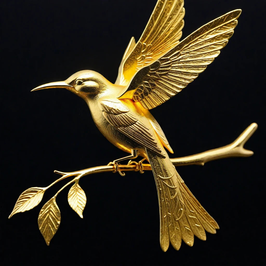 Gold Leaf Art,Sanxingdui Gold Foil Sunbird Artwork,black background,Spotlight Effect,8K,very good,Surrealism,masterpiece,high quality,masterpiece