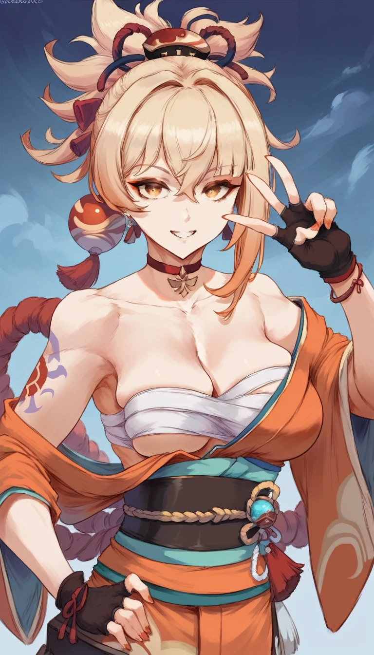 cutesexyrobutts style, 1girl, yoimiya_(genshin_impact), sarashi, solo, smile, hadanugi_dousa, breasts, tattoo, orange_kimono, blonde_hair, looking_at_viewer, japanese_clothes, kimono, gloves, armpits, hair_ornament, chest_tattoo, arm_tattoo, choker, fingerless_gloves, sash, cleavage, grin, upper_body, obi, shimenawa, v, yellow_eyes, red_choker, black_gloves, bangs, makeup, rope, v_over_eye, bare_shoulders, vision_(genshin_impact), nail_polish, chest_sarashi, ponytail, medium_breasts, jewelry, hand_on_hip, bandages, collarbone, orange_nails, earrings, hair_between_eyes