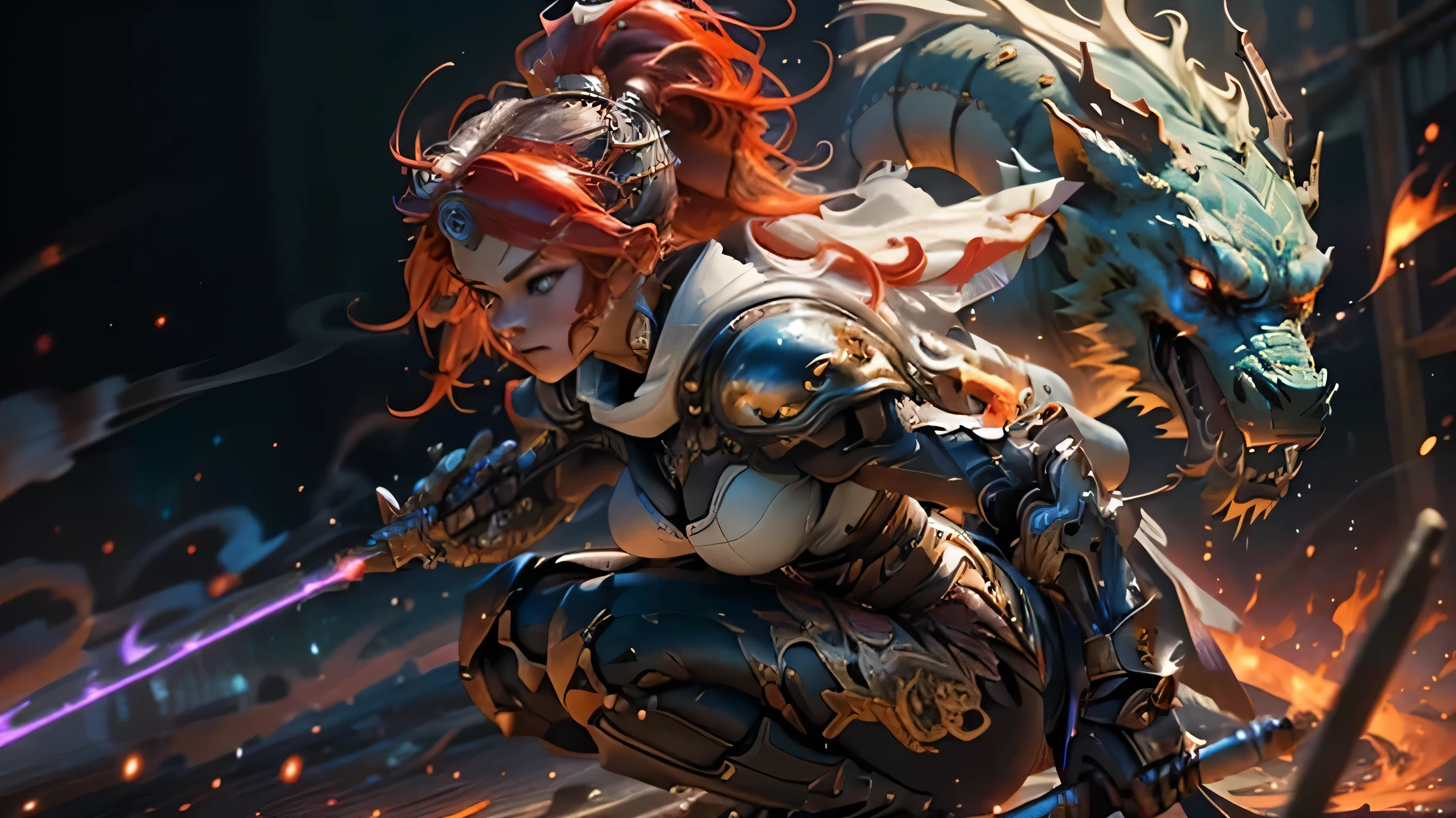 add a fierce dragon facing the opposite direction watching her back, ready for battle, add some enemy rounds incoming as well