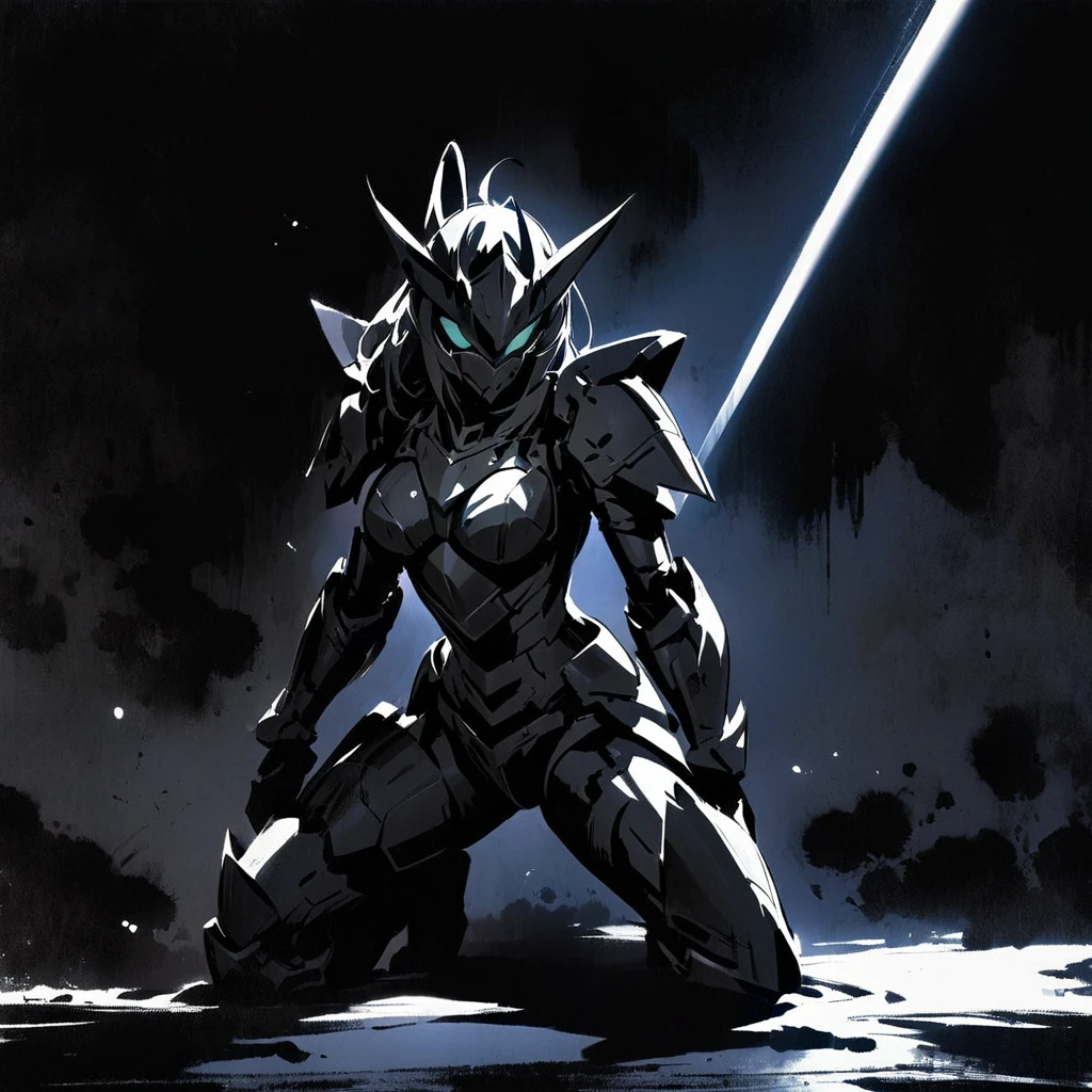 Top quality, masterpiece, beautiful girl,Particles of light,
powered armor, full armor, powered leg, sentai hero battle armor,ink painting, Lurking in the Shadows,Dark Night